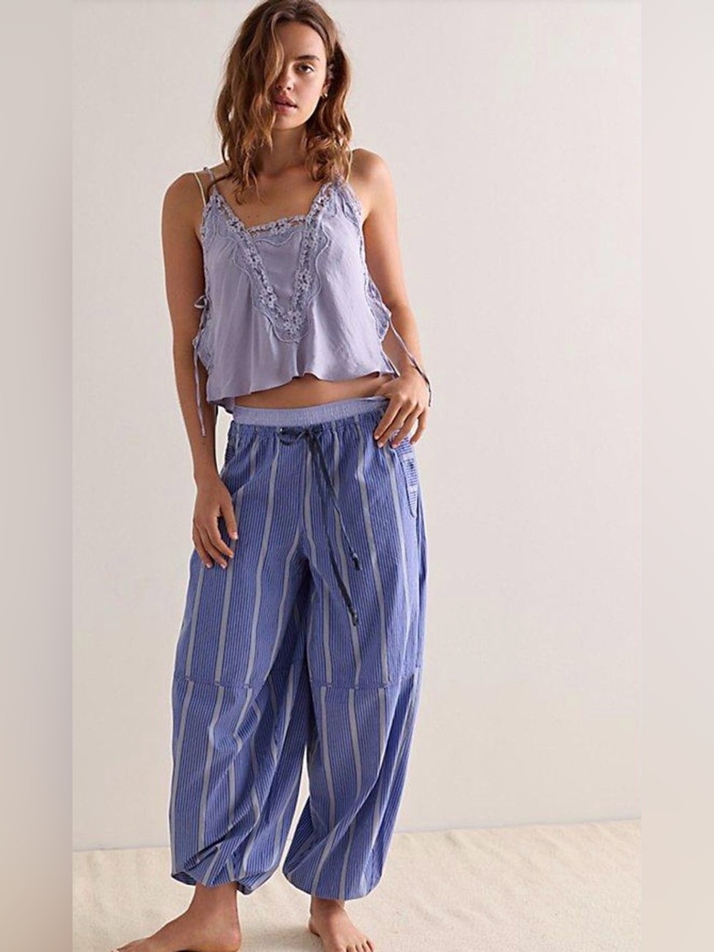 New FP Intimately by Free People Over the Moon House Pants ~ Blue Stripe